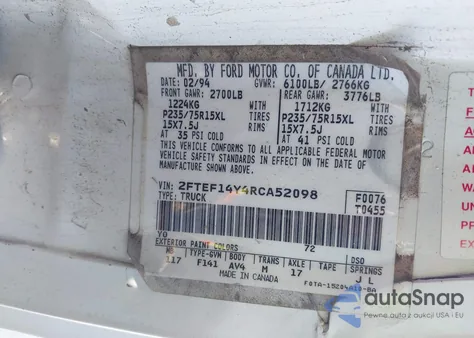 1994 Ford F150 z USA, uszkodzony, nr VIN 2FTEF14Y4RCA52098